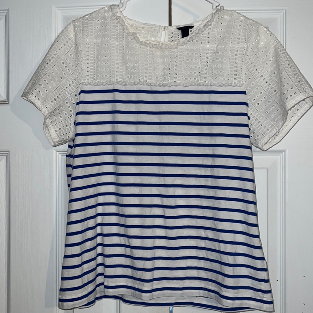 J. Crew White Eyelet & Blue Striped Short Sleeve Tee